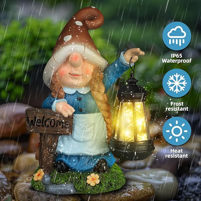 Solar Large Gnome Garden Statue with Welcome Sign Outdoor Decor with LED Lantern Funy for Porch Yard Patio Lawn Ornament Christmas Housewarming Gardening Gift-Ruum Studio Home