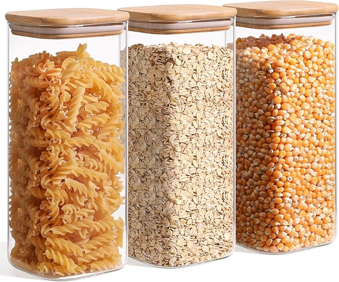 ComSaf 1.9 Qt Glass Storage Containers with Lids, Glass Jars with Lids, Clear Food Storage Jar, Square Canister Set of 3, Pantry Organizers and Storage for Flour Rice Pasta Tea Coffee Bean-Ruum Studio Home