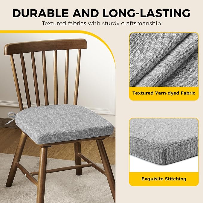 downluxe Indoor Chair Cushions for Dining Chairs, Soft and Comfortable Textured Foam Kitchen Chair Pads with Ties and Non-Slip Backing, 16" x 16" x 2", Light Grey, 6 Pack-Ruum Studio Home