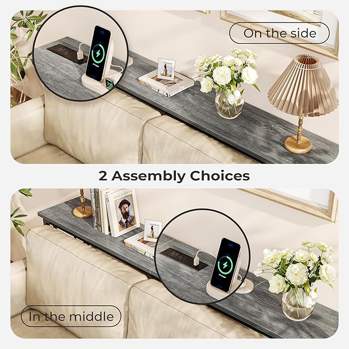 SUPERJARE 70 Inch Console Table with Outlets and USB-C Port, Extra Long Behind Couch Sofa Table with X-Shaped Design, Narrow for Entryway, Living Room, Metal Frame, Wooden Top, Grey-Ruum Studio Home