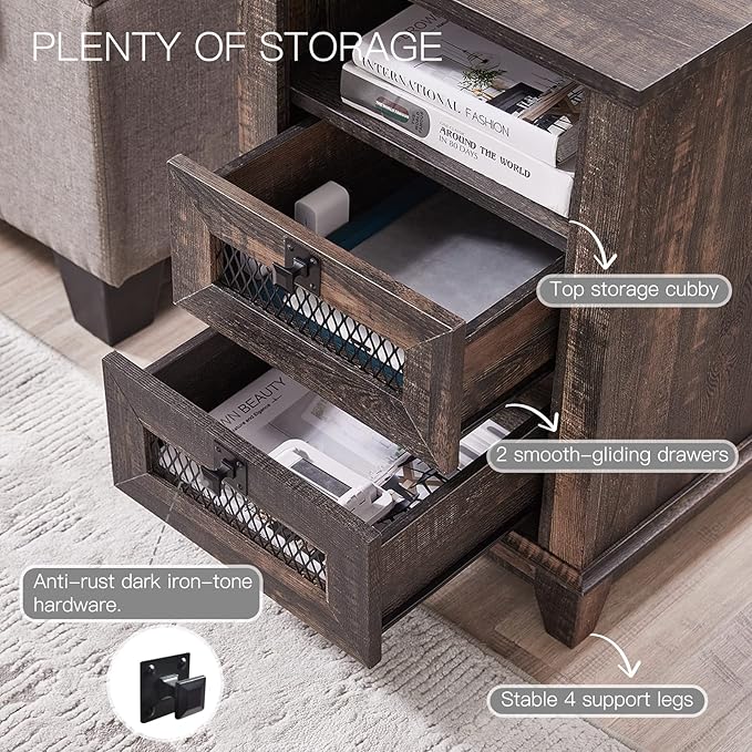 OKD Nightstand with Charging Station, 18'' Industrial & Farmhouse End Table with 2 Drawers & Open Cubby, Rustic Mesh Drawer Sofa Side Table w/Storage for Bedroom, Living Room, Office, Dark Rustic Oak-Ruum Studio Home