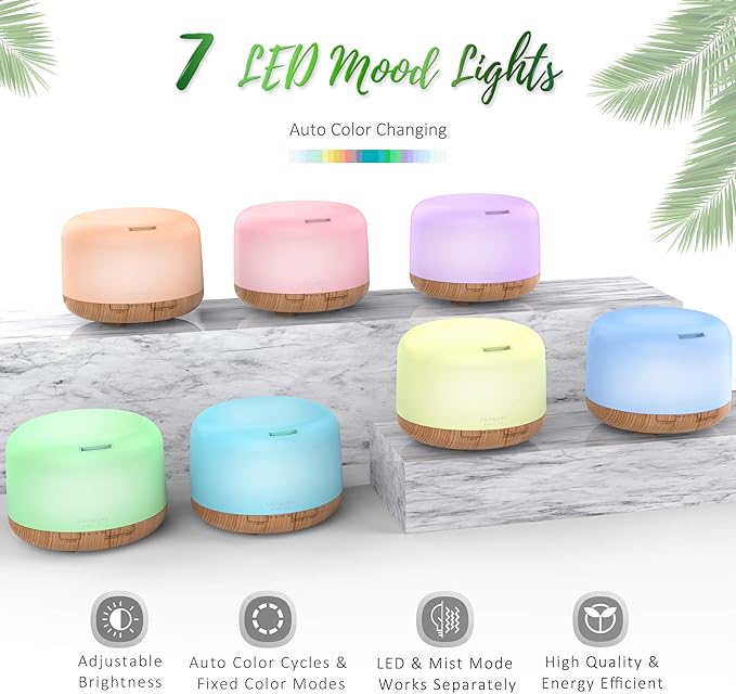 ASAKUKI Oil Diffuser with Essential Oils Set, 500ml Aromatherapy Humidifier with 14 LED Colors & Auto Shut-Off - 6 Oil Gift Pack(Lavender Eucalyptus Tea Tree Orange Peppermint Lemongrass)-Ruum Studio Home