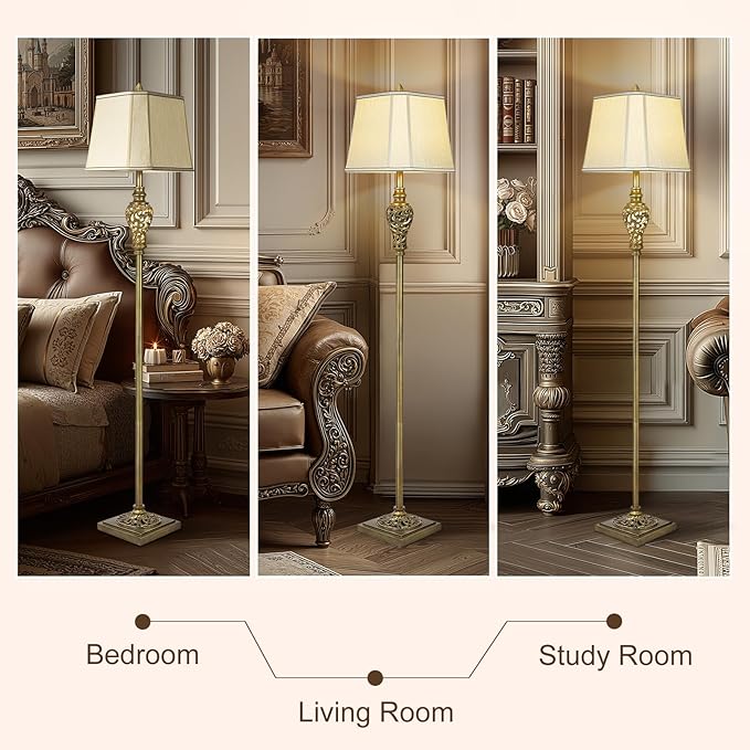 Vintage Floor Lamp for Living Room, 65" Tall Lamp with Nightlight and Beige Faux Silk Shade, Farmhouse Standing Lamp for Bedroom, Office Corner, or Study, Elegant Rustic Home Decor (LED Bulb Included)-Ruum Studio Home