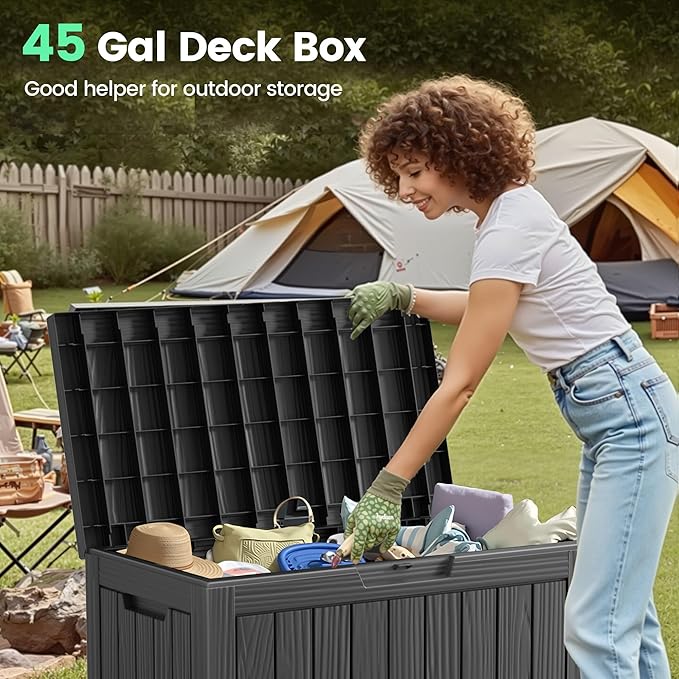 45 Outdoor Storage Box, Waterproof Resin Deck Box with Side Handles, Lockable Outdoor Bench for Indoor & Outdoor Use, Storage Bin for Patio Cushions, Garden Tools, Package Delivery, Black-Ruum Studio Home
