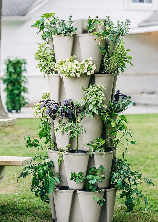 Greenstalk Patented Large 5 Tier Vertical Garden Planter with Patented Internal Watering System Great for Growing a Variety of Strawberries, Vegetables, Herbs, & Flowers (Stunning Stone)-Ruum Studio Home