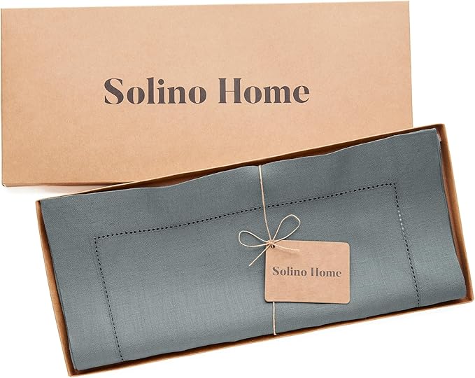 Solino Home Linen Hemstitch Table Runner 60 Inches - 100% Pure Linen Dark Grey Table Runner 14 x 60 Inch Ideal for Dresser and Coffee Tables - Classic Hemstitch - Thanksgiving-Ruum Studio Home