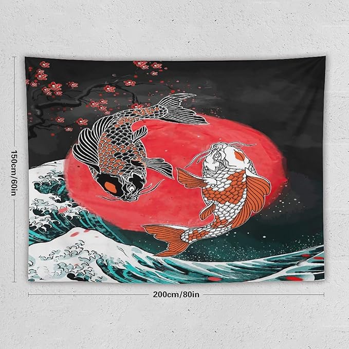 Houselerax Koi Fish Tapestries,Japanese Style Yin Yang Big Wave Cherry Blossoms Tapestry Wall Hanging for Bedroom Living Room Office Decor 80"x60"-Ruum Studio Home