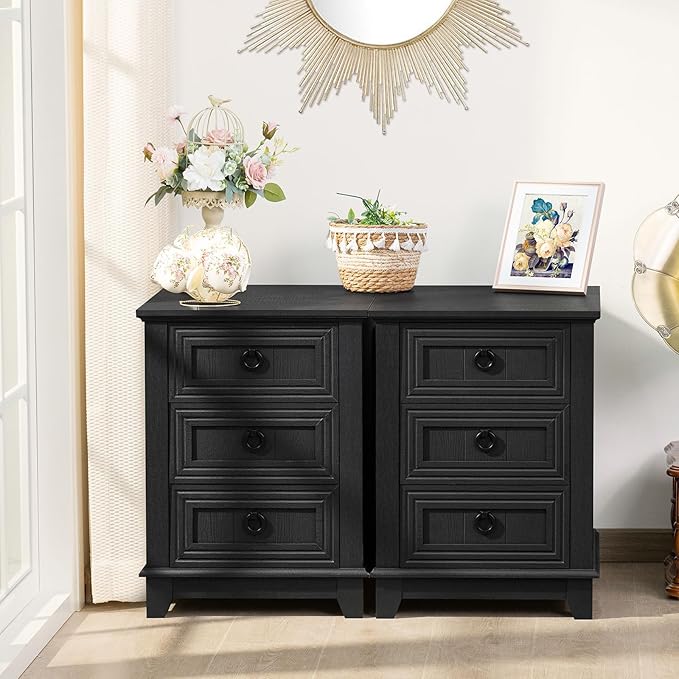Farmhouse Night Stand Set of 2, 18" End Table with 3 Drawer Metal Handle, Dresser for Bedroom, Sofa Bed Side Table Chest of Drawers,Wood Nightstand Cabinet for Organizer, Living Room-Black-Ruum Studio Home