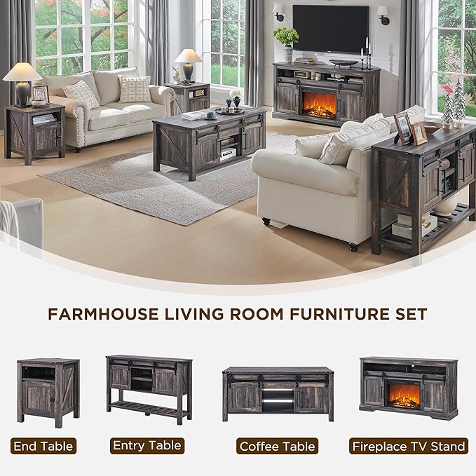 OKD Nightstand with Charging Station Set of 2, 18 Inchs Farmhouse End Table with Adjustable Storage Shelf, Rustic Wood Sofa Side Table for Bedroom-Ruum Studio Home