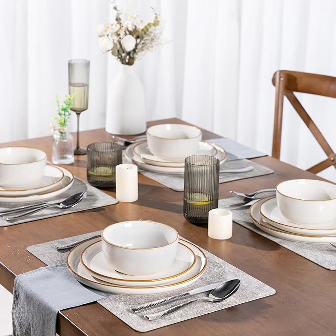 GBHOME Ceramic Dinnerware Sets for 8, 24 Pieces Stoneware Plates and Bowls Sets, Scratch Resistant Dishes, Dishwasher & Microwave Safe, Reactive Glaze-Pearl White-Ruum Studio Home