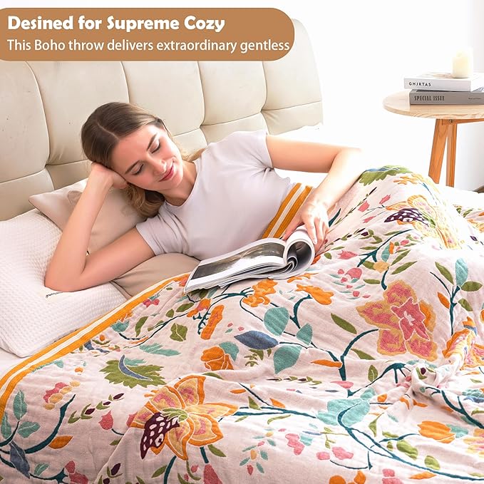 Boho Throw Blanket, 100% Organic Cotton Breathable Ultra Soft 80" x 90" Bed Quilt Throw - All Season Floral Rustic Farmhouse Decor Luxury Reversible Blanket for Sofa Couch Chair and Gift-Ruum Studio Home