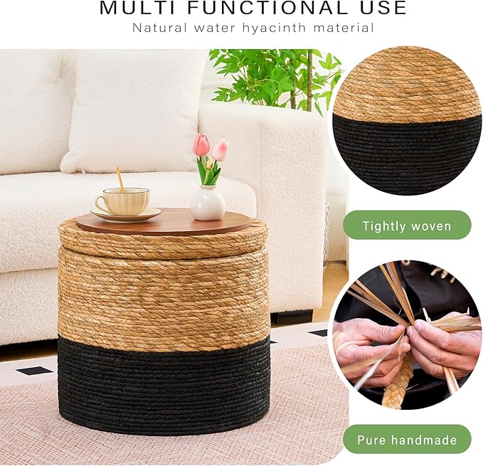 Wimarsbon 18'' Ottoman Pouf, Natural Braided Poof, Rustic Handweave Lounge Pouffe, Boho Footrest Stool for Bedroom, Accent Table for Living Room (Storage - 18inch Cattail+Black Corn Husk L)-Ruum Studio Home