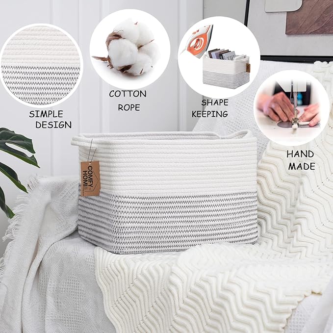 COMFY-HOMI Cotton Rope Woven Basket with Handles for Shelves,Toys,Book, Cloth Storage Baskets Bin for Organizing-13.5"x11"x9.5" Toy Decorative Organizer for Living Room, Bathroom-White/Black Line-Ruum Studio Home