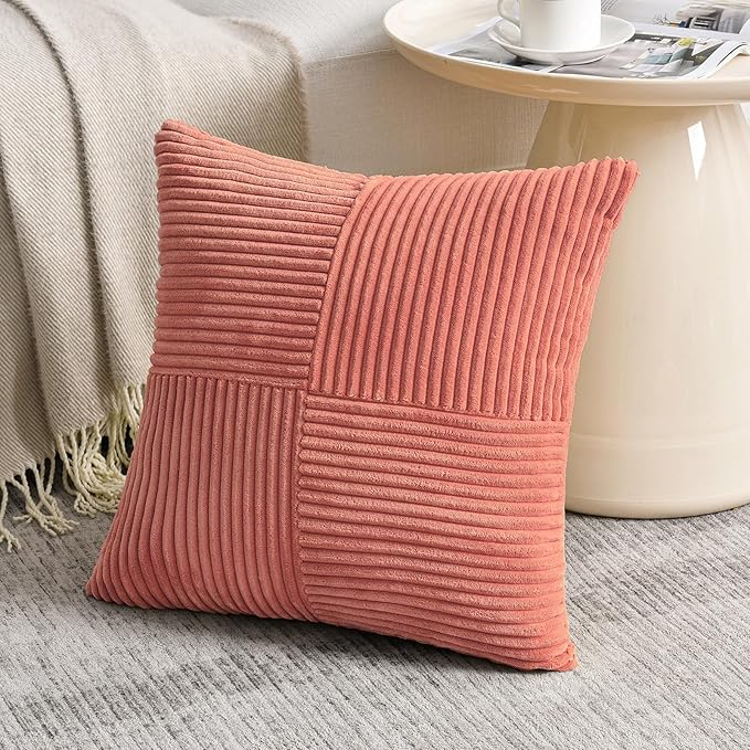 Fancy Homi 2 Packs Coral Big Decorative Throw Pillow Covers 24x24 Inch for Living Room Couch, Rustic Farmhouse Boho Home Decor, Soft Corss Corduroy Patchwork Accent Peach Square Cushion Case 60x60 cm-Ruum Studio Home