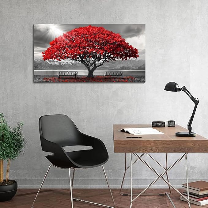 AJAZIKO Red Wall Art - Modern Framed Wall Art for Living Room - Red Tree Black and White Landscape Canvas Prints Posters & Prints for Home Office Bedroom Decorations - Large Wall Pictures 20×40IN-Ruum Studio Home