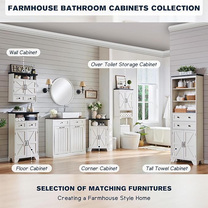 72" Tall Bathroom Storage Cabinet, Farmhouse Storage Cabinet with 2 Drawers, Adjustable Shelves & Barn Door, Cabinet for Bathroom, Living Room, Kitchen, Off White-Ruum Studio Home