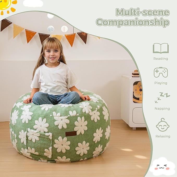 MAXYOYO Bean Bag Chair Bed for Kids, Convertible Bean Bag from Lazy Chair to Floor Bed, Fresh Floral Design Cover, Stuffed Floor Sofa Couch for Boys and Girls, High-Density Foam Filling, Green-Ruum Studio Home