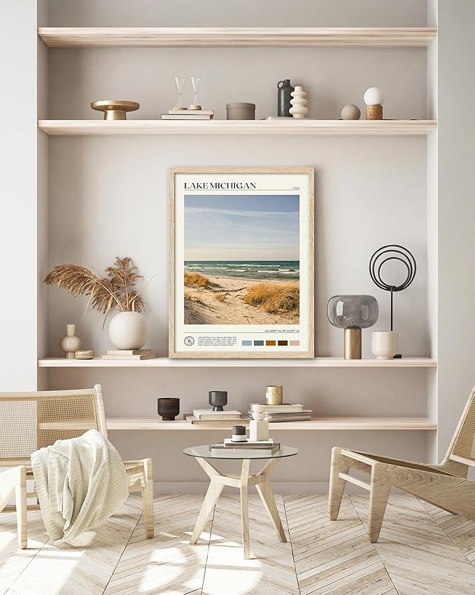 HesenDot Natural OAK Wood Lake Michigan Framed Wall Art,12x16in Natural Scenery Canvas Wall Print,Classic Urban City Landmark Wall Decor for Living Room,Bedroom,Office Gallery Gifts Set of 1-Ruum Studio Home