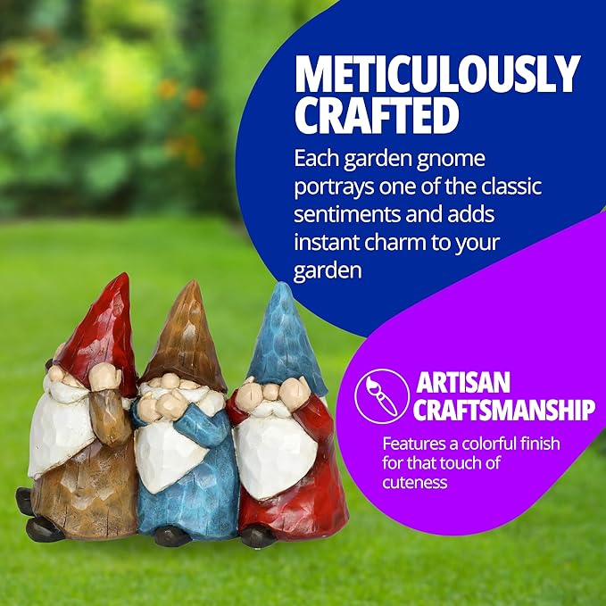 Exhart Garden Gnomes, See No, Hear No, Speak No Evil Garden Gnome Statue, Hand Painted Outdoor Garden Decorations, 12 x 9 Inch-Ruum Studio Home