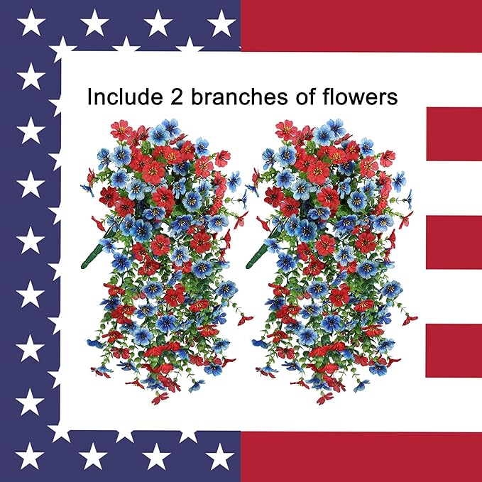 INSPRING Artificial Faux Hanging Flowers Plants for Spring Outdoor Outside Decoration, 2 PCS Fake Silk Daisy with Eucalyptus UV Resistant Realistic Trailing Vines for Balcony Patio Porch (BlueRed)-Ruum Studio Home