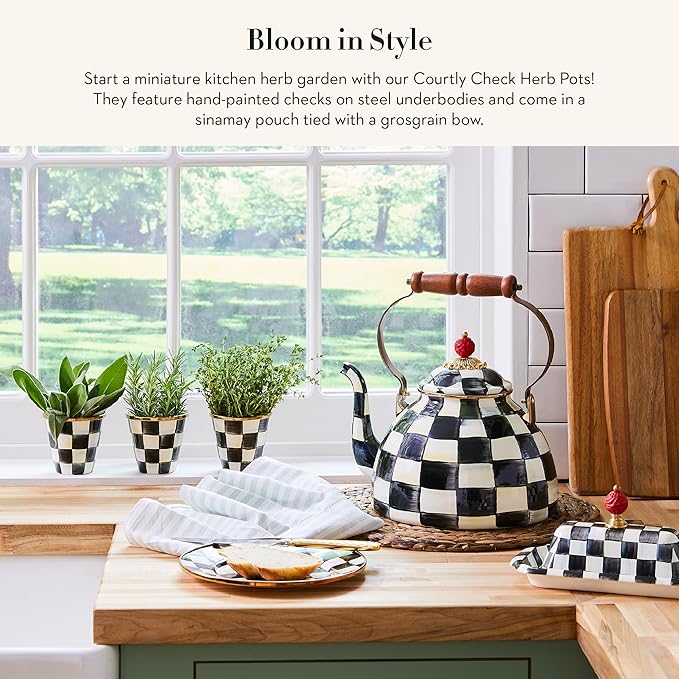 MACKENZIE-CHILDS Enamel Herb Pots, Small Plant Pots for Herbs or Flowers, Set of 3, Black-and-White Courtly Check-Ruum Studio Home