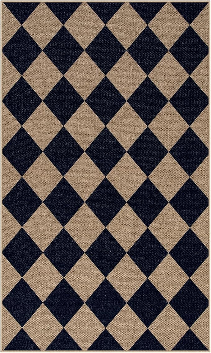 Lahome Checkered Easy Jute Entry Rug, 3x5 Black Outdoor Patio Rug for Living Room Farmhouse Neutral Carpet, Washable Non Slip Indoor Door Mat Diamond Carpet for Front Door Deck Camping-Ruum Studio Home