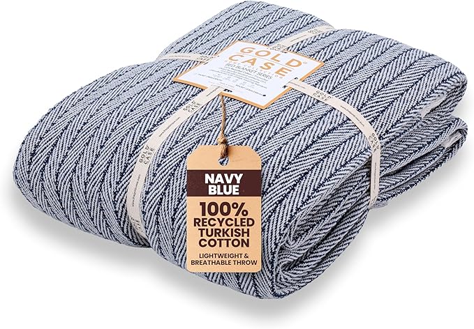 Gold Case Throw Blanket for Bed – 100% Recycled Turkish Cotton Bed Blanket – Decorative Throw Cotton Blankets for Living Room & Bedroom – Vintage Navy Blue Woven Queen Blankets – 90x90-Ruum Studio Home