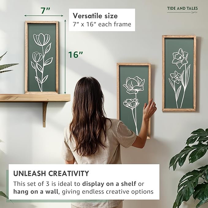3D Floral Green Wall Art (Set of 3) Lightweight, Wooden Ready-to-Hang Boho Framed Wall Art for Bathroom, Master Bedroom, Living Room or Office - Premium Sage Green Farmhouse Decor - Gift-Boxed-Ruum Studio Home