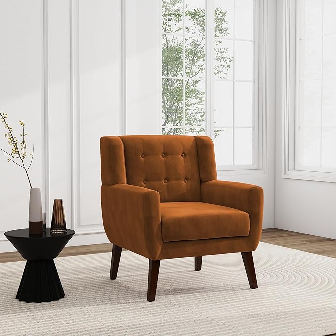 UIXE Accent Chair, Velvet Upholstered Armchair for Living Room, Modern Club Arm Chairs Comfy Single Sofa Button Tufted Bedroom Reading Seat - Orange, Set of 1-Ruum Studio Home