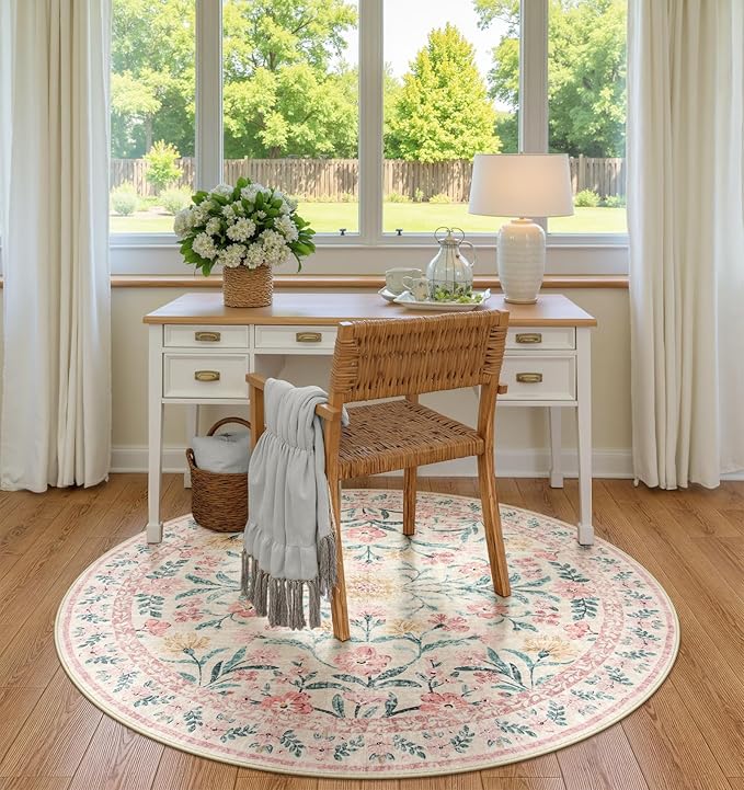 Wonnitar Pink Floral Round Rugs 5ft, Soft Circle Rug Non Slip Washable Round Carpet, Boho Non-Shedding Flower Distressed Circle Carpets for Bedroom Girls Room Nursery-Ruum Studio Home