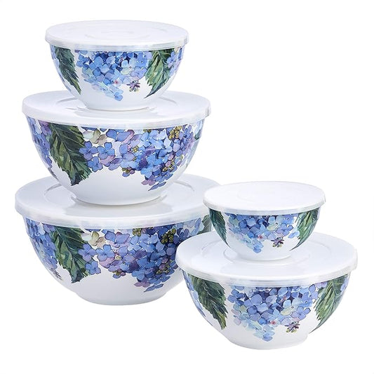 Amazon Basics Nesting Melamine Mixing Bowl With Lid And Non-Slip Base, 5 Sizes, Set Of 10, Hydrangea Floral, 3 15/16",7 9/16",8 7/8",10",11 1/4"-Ruum Studio Home