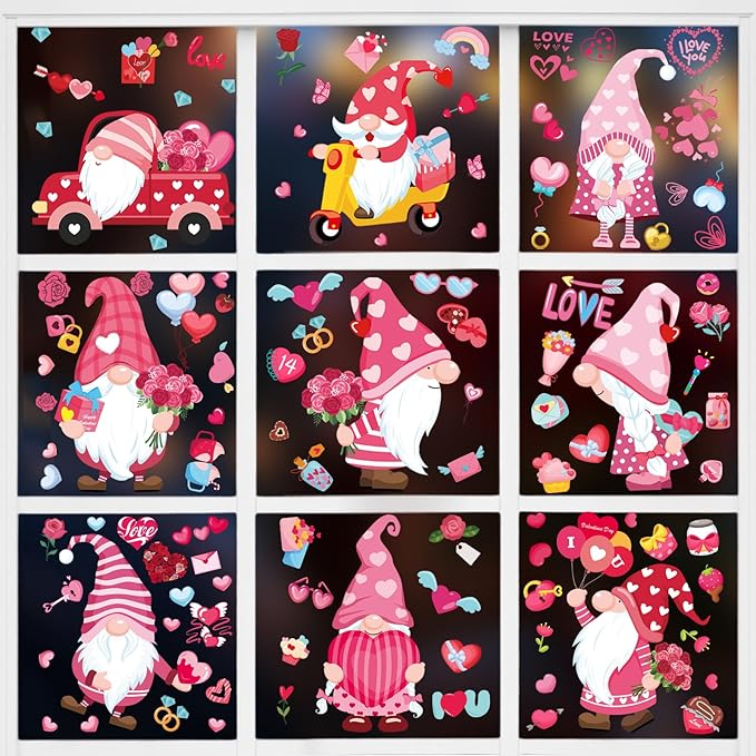 DC-BEAUTIFUL 107 PCS Valentines Window Clings, 9 Sheets Double-Sided Pink Love Heart Gnome Valentine Decoration Window Stickers, Reusable Static Holiday Window Decals for Home Wedding Party Decors-Ruum Studio Home