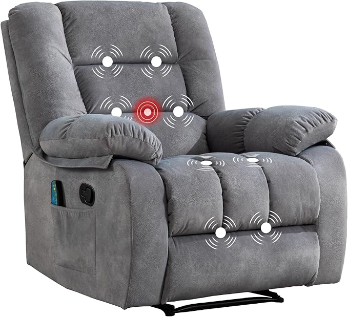 Massage Recliner Chair with Heat and Massage, Soft Fabric Ergonomic Manual Reclining Chairs, Heavy Duty Reclining Sofa Chair with Side Pockets for Living Room (Light Grey)-Ruum Studio Home