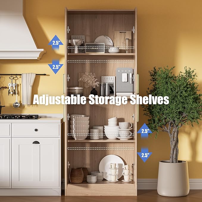71" Tall Pantry Cabinet with 4 Doors, Kitchen Pantry Storage Cabinet, Freestanding Larder Cupboard, Utility Kitchen Hutch with Gold Handles for Dining Room, Bathroom, Oak-Ruum Studio Home