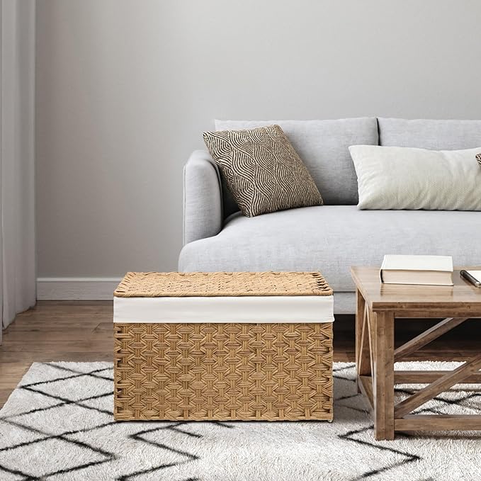 Wicker Storage Basket with Lid, 27.7 Gallon (105L) Large Blanket Basket with Lid, Woven Storage Bin with Handles, Removable Liner, Metal Frame, Foldable, for Bedroom, Laundry Room, Natural-Ruum Studio Home