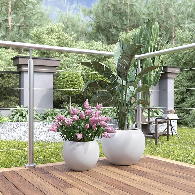 DTY Signature Mount Sherman Lightweight Durable Modern Fiberstone Sphere Planter for Indoor & Outdoor Drainage Hole & Rubber Plug Weather Resistant, 13.5" H x 17" Dia, 12" Opening - Medium, White-Ruum Studio Home