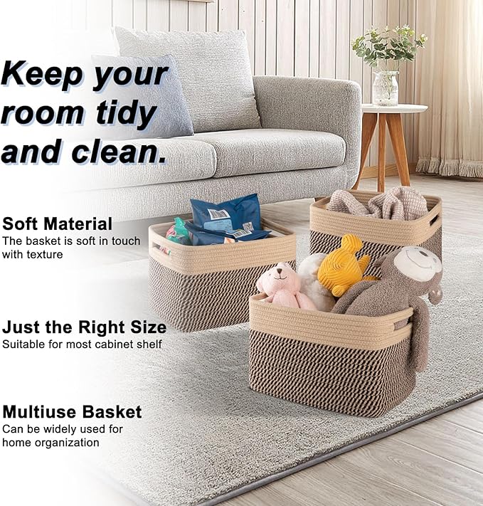 4 Pack Storage Baskets for Organizing, Woven Baskets for Shelves - Perfect for Toys, Books, Towels, and Clothes, Durable Gift Basket Bins Toy Storage, 13''L x9''W x7.8''H, Black and Brown-Ruum Studio Home