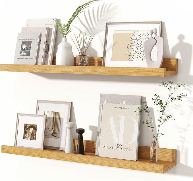 Fun Memories Picture Ledge Shelves Set of 2, 24 Inch Rustic Wall Mounted Floating Shelves with Lip for Home Storage and Décor in Bathroom, Kitchen, Nursery, Bedroom, Living Room, Oak-Ruum Studio Home