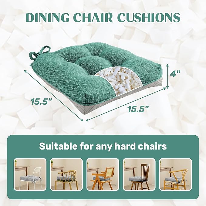 puredown® Chair Cushions for Dining Chairs, Tufted Memory Foam Chair Pads with Non-Slip Backing, Kitchen Seat Cushions with Ties, Washable Seat Pad Set of 4, 15.5" x 15.5" x 4", Green-Ruum Studio Home