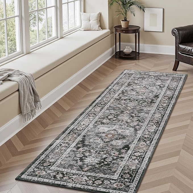 AMOAMI-2X6 Runner Rug-Washable Runners for Hallways-Soft Non Slip Bedside Rugs for Bedroom-Vintage Long Rug for Hallways Entryway Laundry Room Stair Kitchen Bathroom Dark Grey & Black-Ruum Studio Home