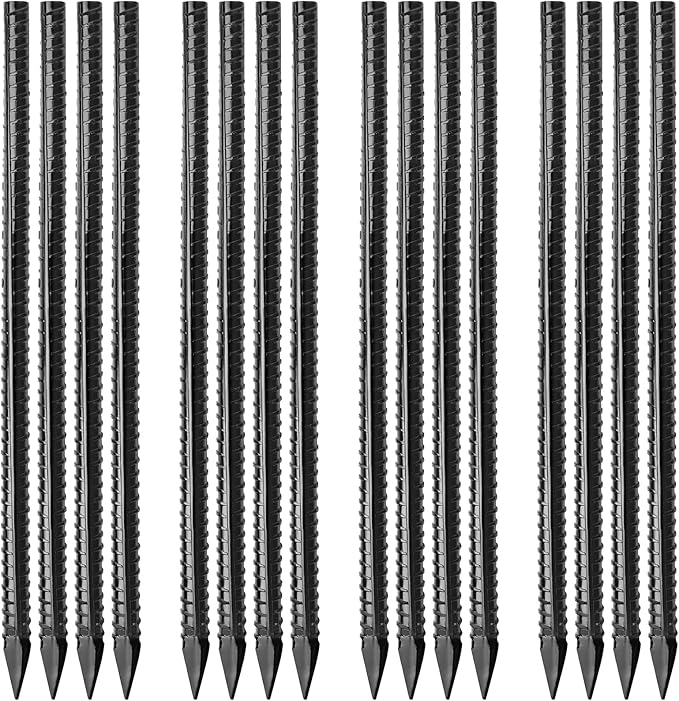 16 inches Ground Rebar Stakes (16 pcs) Heavy Duty Metal Spikes for Concrete Timber Garden Plant, Long Straight Steel Stakes for Tent, 3/8" Thickness Ground Anchors with Chisel Point End, Black-Ruum Studio Home