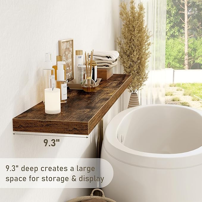 Floating Shelves Wall Shelf 48 Inch, 9.3 Inch Deep Floating Shelf, Farmhouse Black Wood Shelves Invisible Bracket for Living Room, Bedroom, Kitchen, 48 x 9.3 x 1.4 Inch, Set of 2, Rustic Brown-Ruum Studio Home