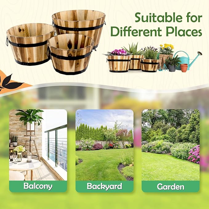 Idzo Set of 3 Wooden Flower Boxes Outdoor, Durable Acacia Wood Barrel Planters for Outdoor Plants with Ergonomic Handles, Drainage Holes, Multiple Sizes Wood Bucket Planter for Home Decor-Ruum Studio Home