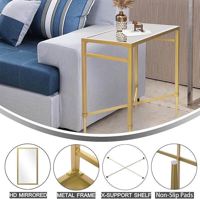 Gold End Table, Rectangle Side Table with Mirrored Top, Modern Metal End Table, Small Narrow Side Table for Living Room, Balcony, 22" L x 12.4" W x 24" D-Ruum Studio Home