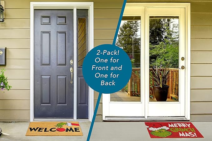 Gertmenian Disney Mickey Mouse Doormat Rug Retro Front Door Coir Mat Home Indoor Outdoor Entryway Carpet, 2-Pack 20x34, The Grinch Welcome/Merry Grinchmas-Ruum Studio Home