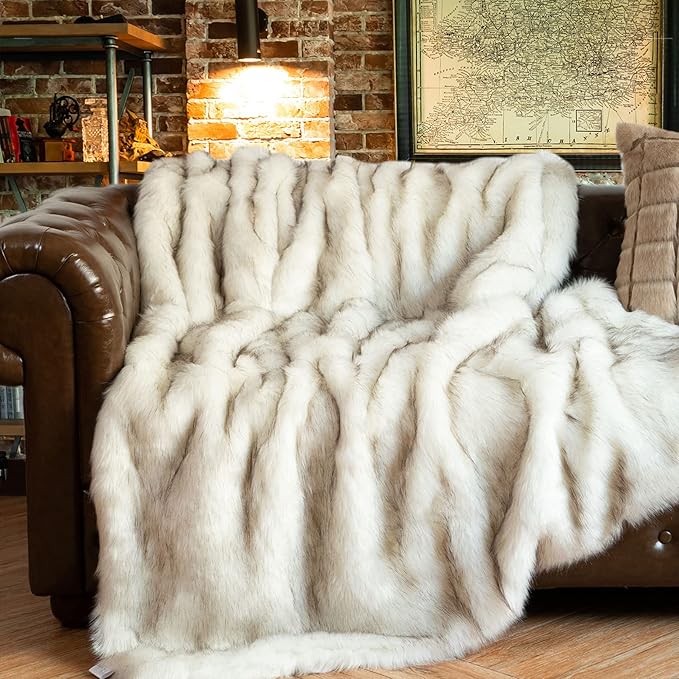 BATTILO HOME Luxury White Faux Fur Throw Blanket Long Pile with Black Tips, 51"x67", Super Warm Thick Faux Fur Blanket for Couch, Bed, Fuzzy Fluffy Elegant Cozy Blanket-Ruum Studio Home
