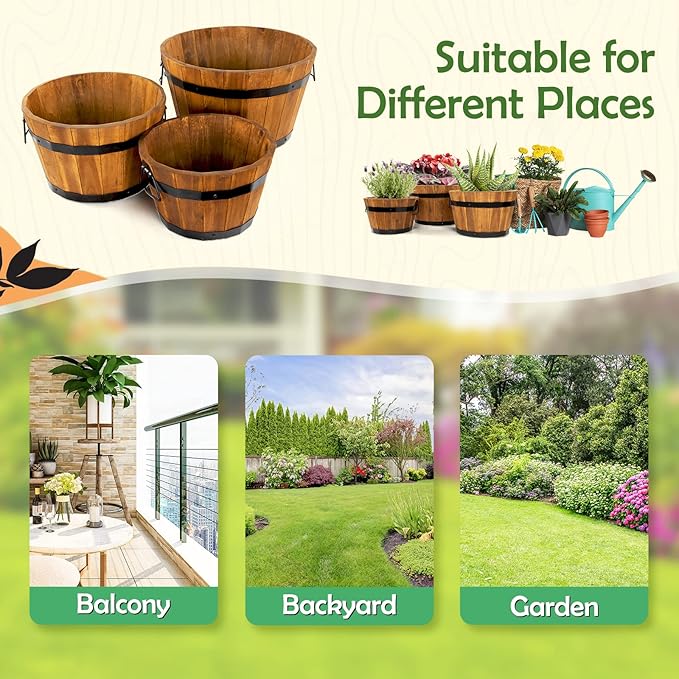 Idzo Set of 3 Wooden Flower Boxes Outdoor, Durable Acacia Wood Barrel Planters for Outdoor Plants with Ergonomic Handles, Drainage Holes, Multiple Sizes Wood Bucket Planter Light Brown-Ruum Studio Home