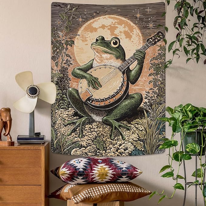 Lunerfex Moonlit Banjo Frog Wall Tapestry, Whimsical Amphibian Musician Tapestries for Room Decor, Folk Art Tapestry 36L x 48W-Ruum Studio Home