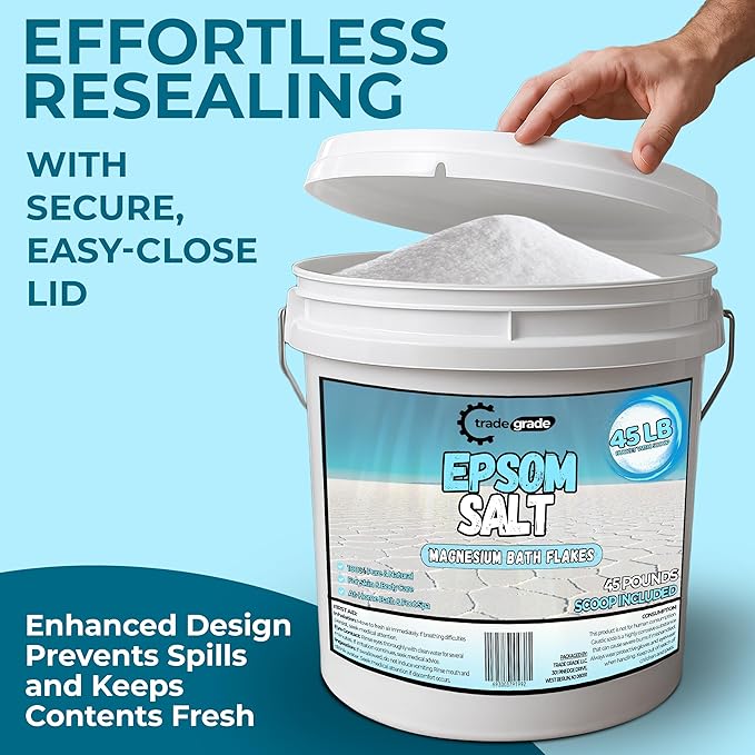 Epsom Salt Bath Soak 45 lb Bucket – Unscented, Pure Epsom Salt Bulk Crystals, Magnesium Sulfate for Full Body or Foot Soaks, Resealable Container with Scoop for Home Bath Use-Ruum Studio Home