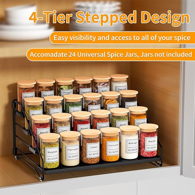 RCHYFEED Spice Rack Organizer for Cabinet Pantry,4 Tier Spice Rack Countertop,Tierd Spice Organization Easy Visibility, Depth Adjustable Seasoning Organizer for Cabinet (Black, 2Pack)-Ruum Studio Home